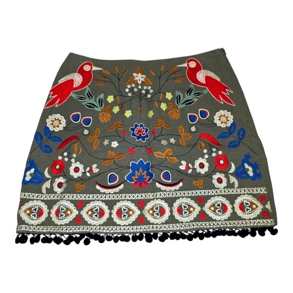 Altar'd State Dresses & Skirts - Altar'd State Embroidered Mini Skirt Bird Floral Pom Pom Trim Boho‎ Festival S